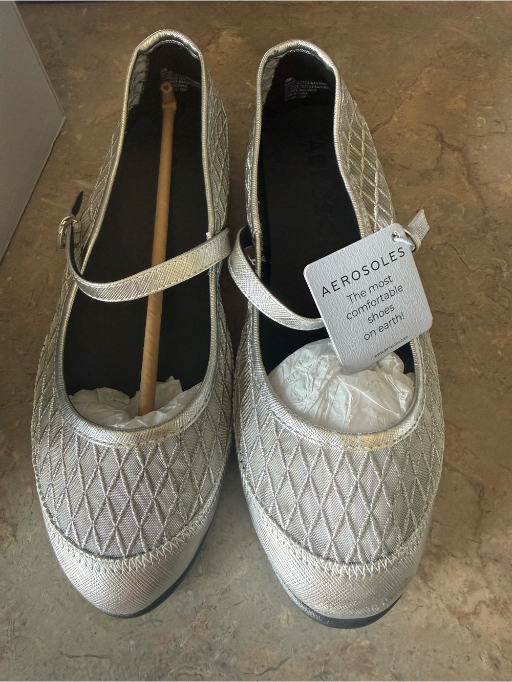 AEROSOLES Silver Quilted Mary Jane Flats with Strap
